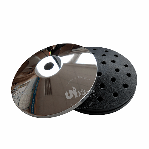Стойка ограждения UniBar-200 серебристая зеркальная основание полуконус черная лента